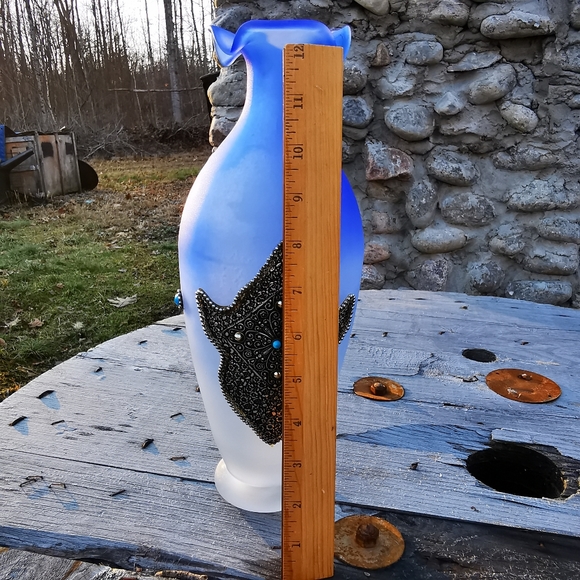 Vintage Blue Ombre Frosted Satin Art Glass Vase with Applied Metal Accents - Picture 13 of 17